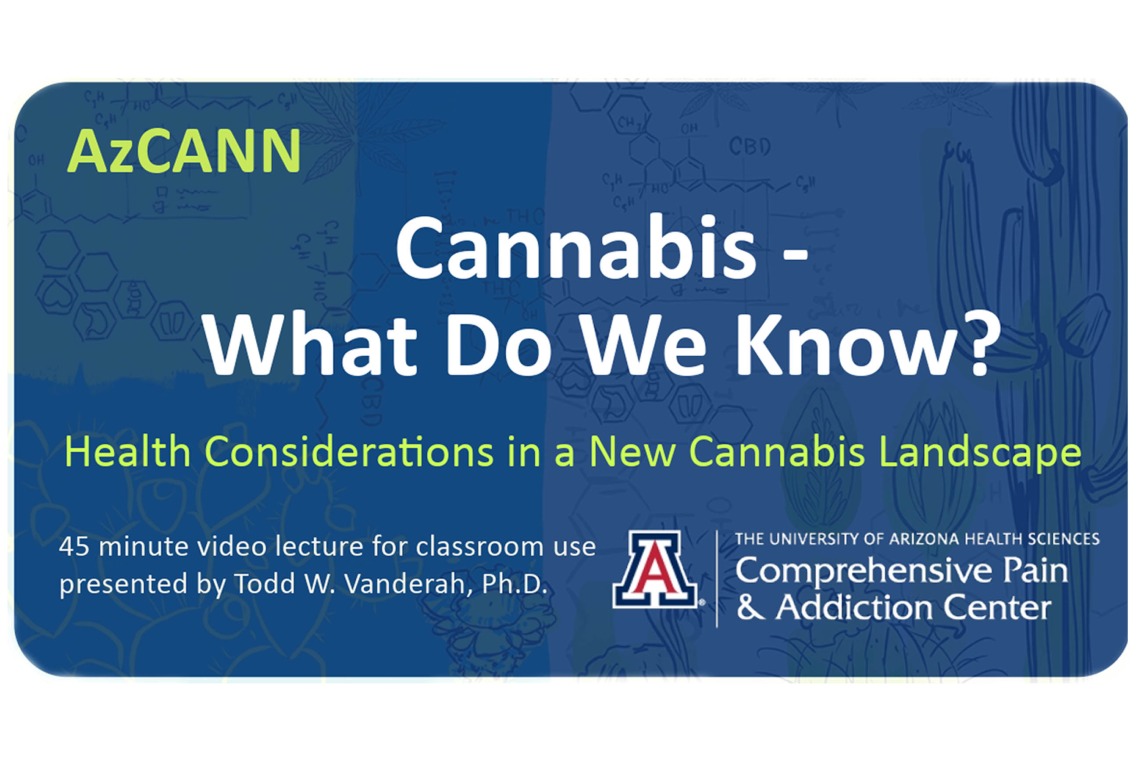 Video title slide with headline "Cannabis - What do we know? Health considerations in a new cannabis landscape"