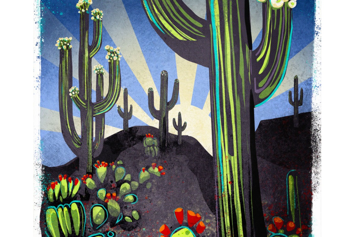 artistic rendering of sonoran desert with saguaro cactus and prickly pear cactus