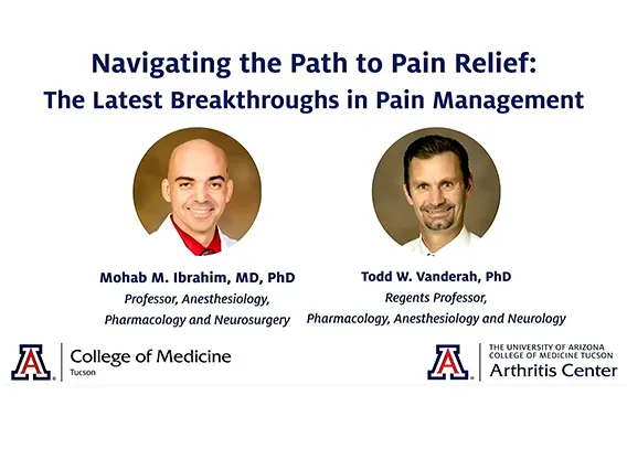 head and shoulders photos of two men with the headline "Navigating the Path to Pain Relief: The Latest Breakthroughs in Pain Management"