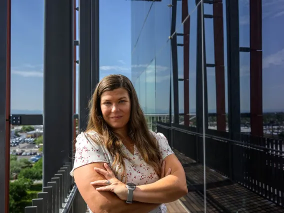 portrait of pain researcher Tally Largent-Milnes at the Health Sciences Innovation Building