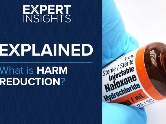 title slide with naloxone bottle and text "Expert Insights Explained: What is harm reduction?"