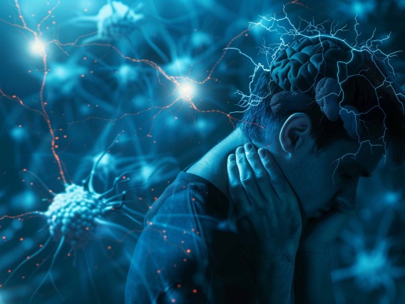 image of person holding neck in pain with illustration of neurons firing in the background