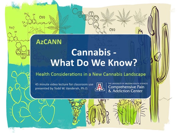 video title slide "cannabis - what do we know?" with various illustrations in background
