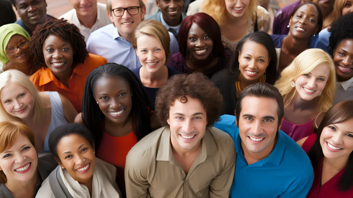 group of diverse people looking up at camera and smiling