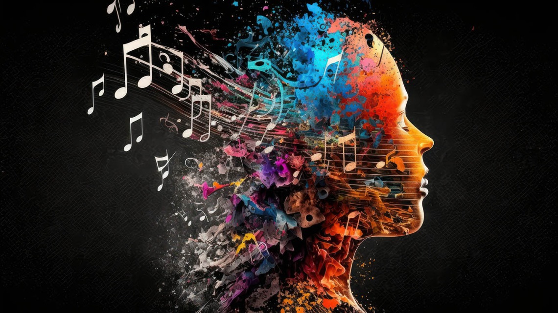 artistic rendering of person's profile with the back of the head transitioning into music notes flowers in vibrant colors