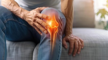 person holding knee with illustration of painful joint overlaid on photo