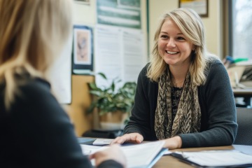 person smiling at desk with back and shoulder of a second person in foreground