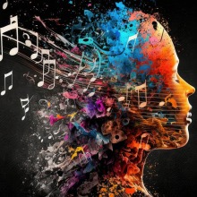 artistic rendering of person's profile with the back of the head transitioning into music notes flowers in vibrant colors